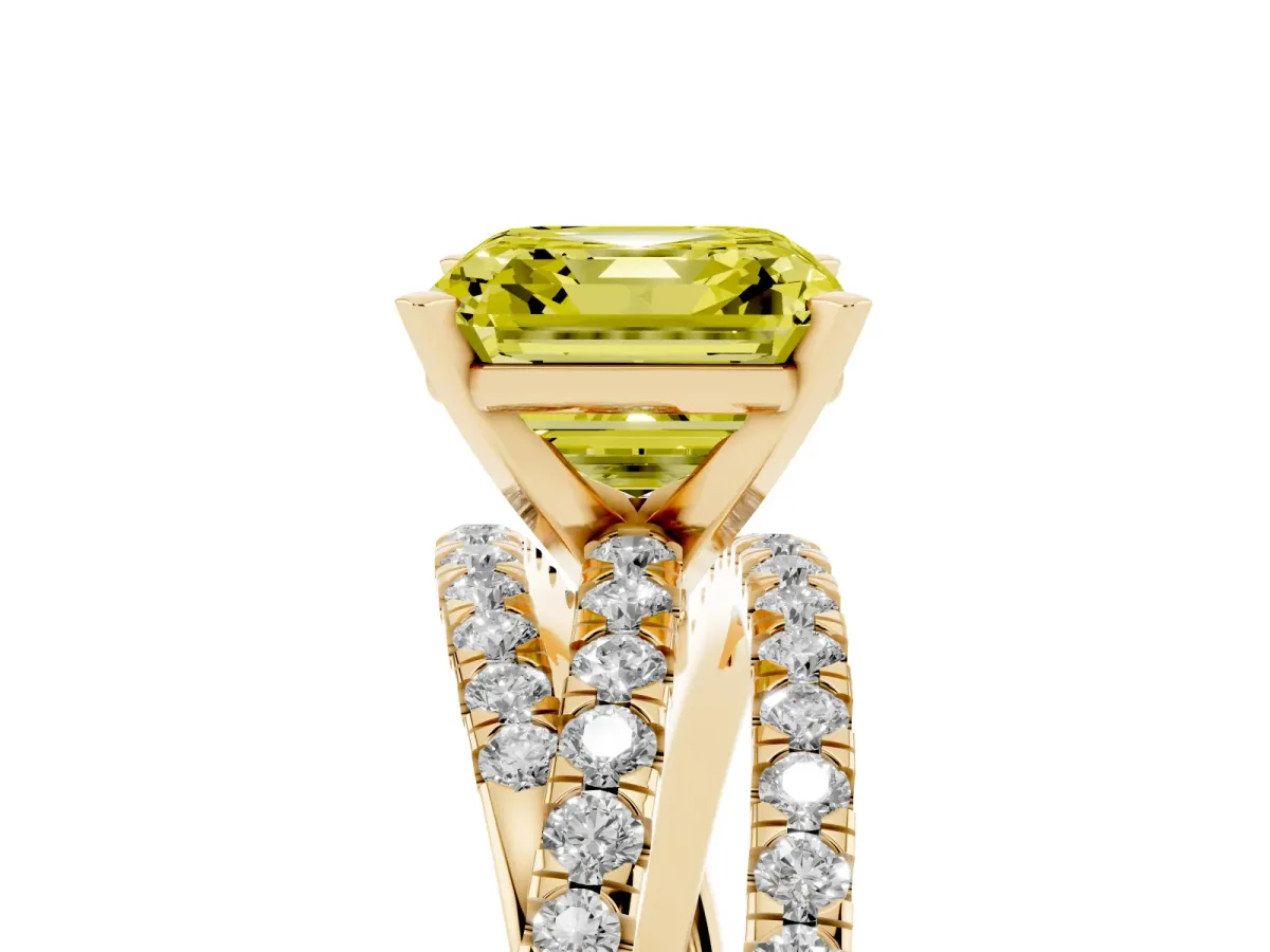 Fancy Yellow Asscher Cut Solitaire Twist Band with Pavé Setting and Four-Prong Setting Yellow gold
