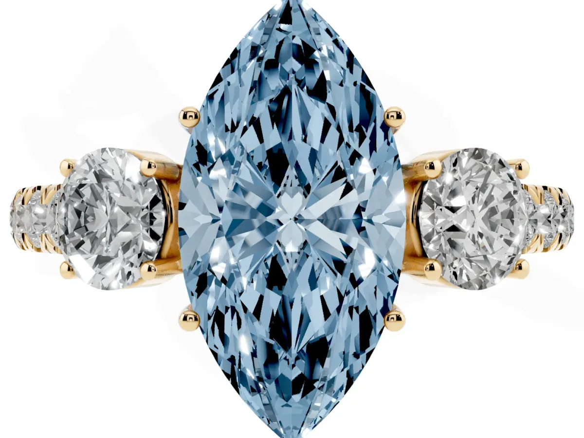 Fancy Blue Marquise Cut Cut Diamond Three-Stone Ring with Round Side Stones and Pavé Band Yellow gold