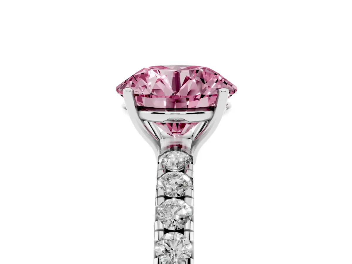 Fancy Pink Round Cut Diamond Pavé Solitaire Engagement Ring with Four-Prong Setting Platinum