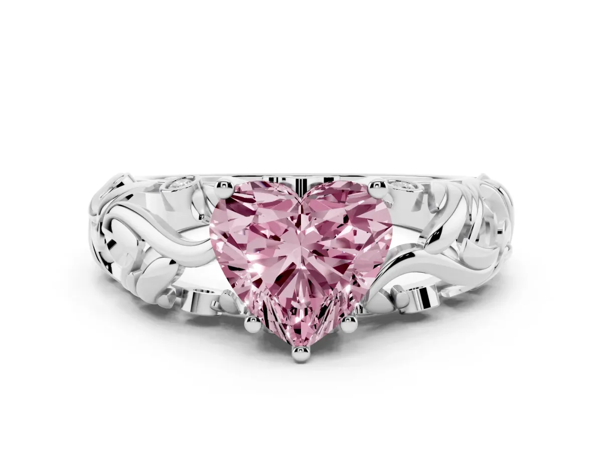 Fancy Pink Heart Cut Solitaire Diamond Leaf-Inspired Vine Band Ring with Prong Setting Platinum