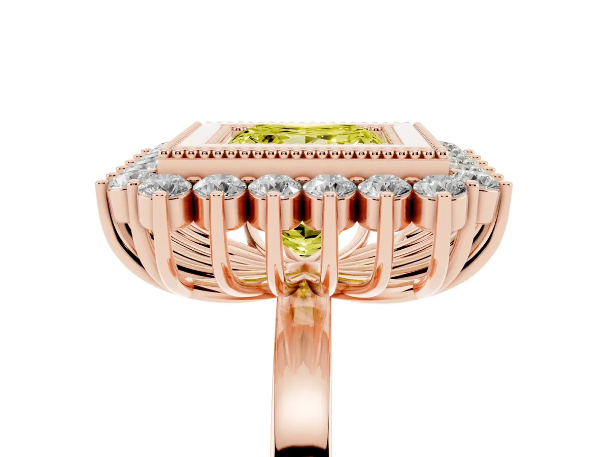 Fancy Yellow Princess Cut Halo Diamond Ring with Milgrain Edge and Round Prong Setting Rose gold