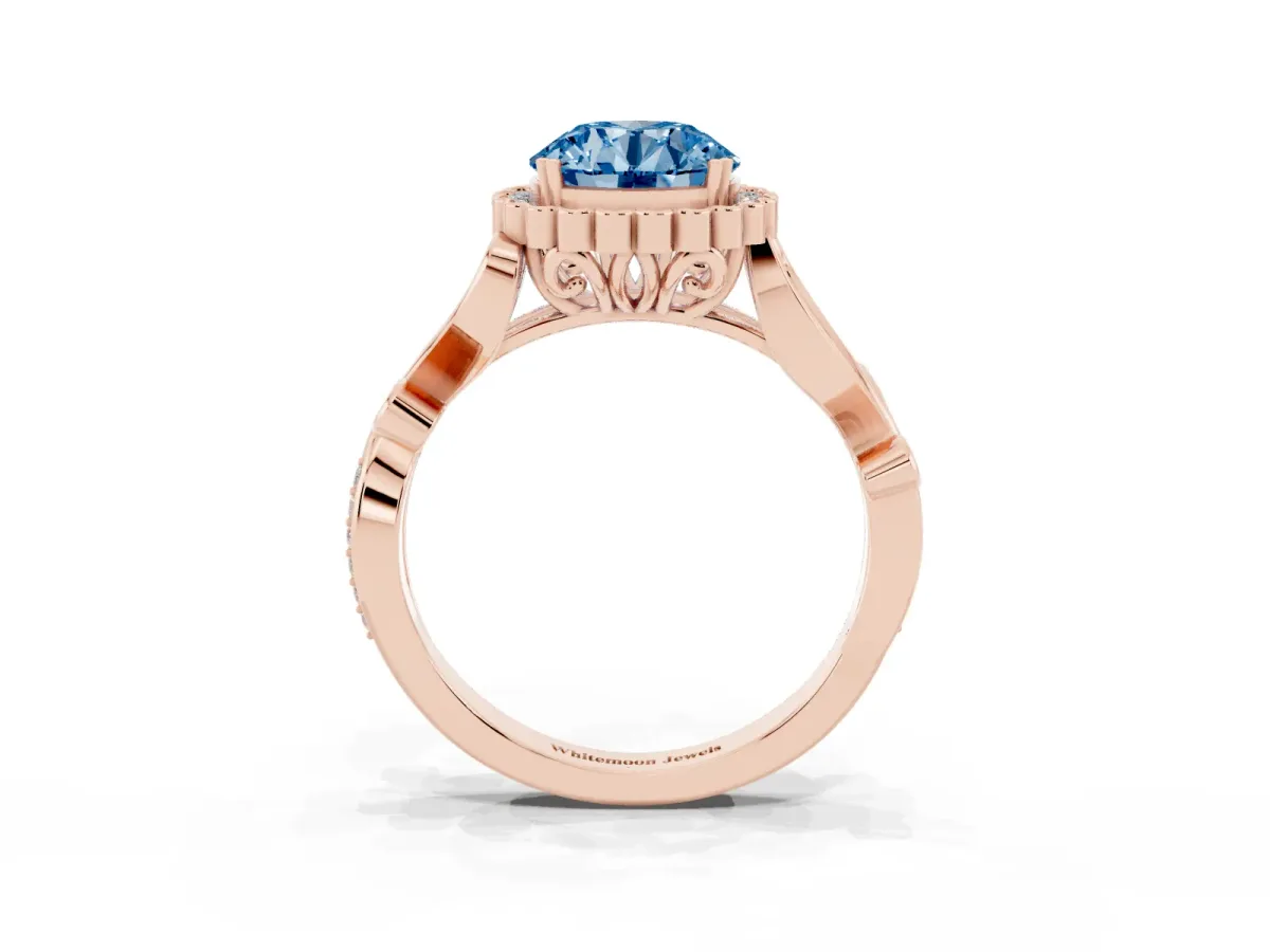 Fancy Blue Round Cut Diamond Halo Ring with Vintage Split Shank and Four-Prong Setting Rose gold
