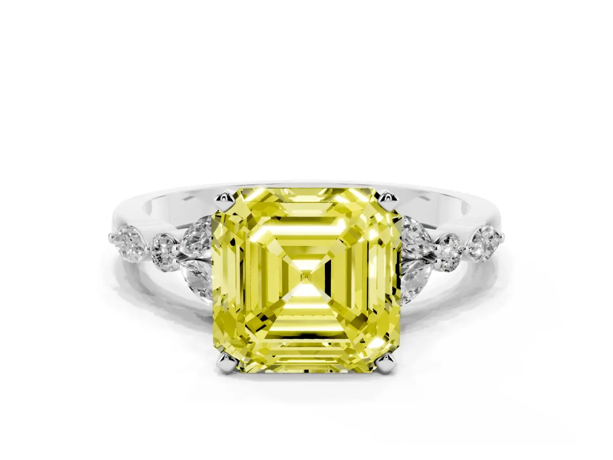 Fancy Yellow Asscher Cut Diamond Solitaire Ring with Side Stones and Four-Prong Setting Silver
