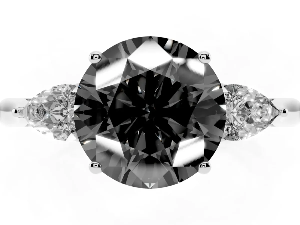Fancy Black Three-Stone Round Cut Brilliant Diamond Solitaire Ring with Tapered Band and Four-Prong Setting Platinum