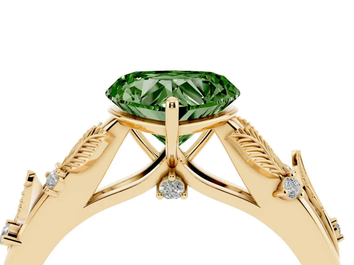 Fancy Green Heart Cut Diamond Solitaire Ring with Leaf Motif Band and Four-Prong Setting Yellow gold