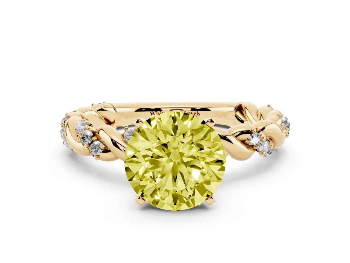 Fancy Yellow Round Cut Diamond Solitaire Ring with Twisted Band and Pavé Accents Yellow gold