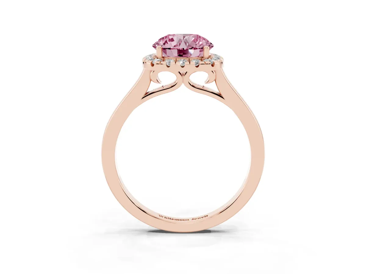 Fancy Pink Round Cut Halo Round Diamond Solitaire Ring with Pavé Band and Four-Prong Setting Rose gold