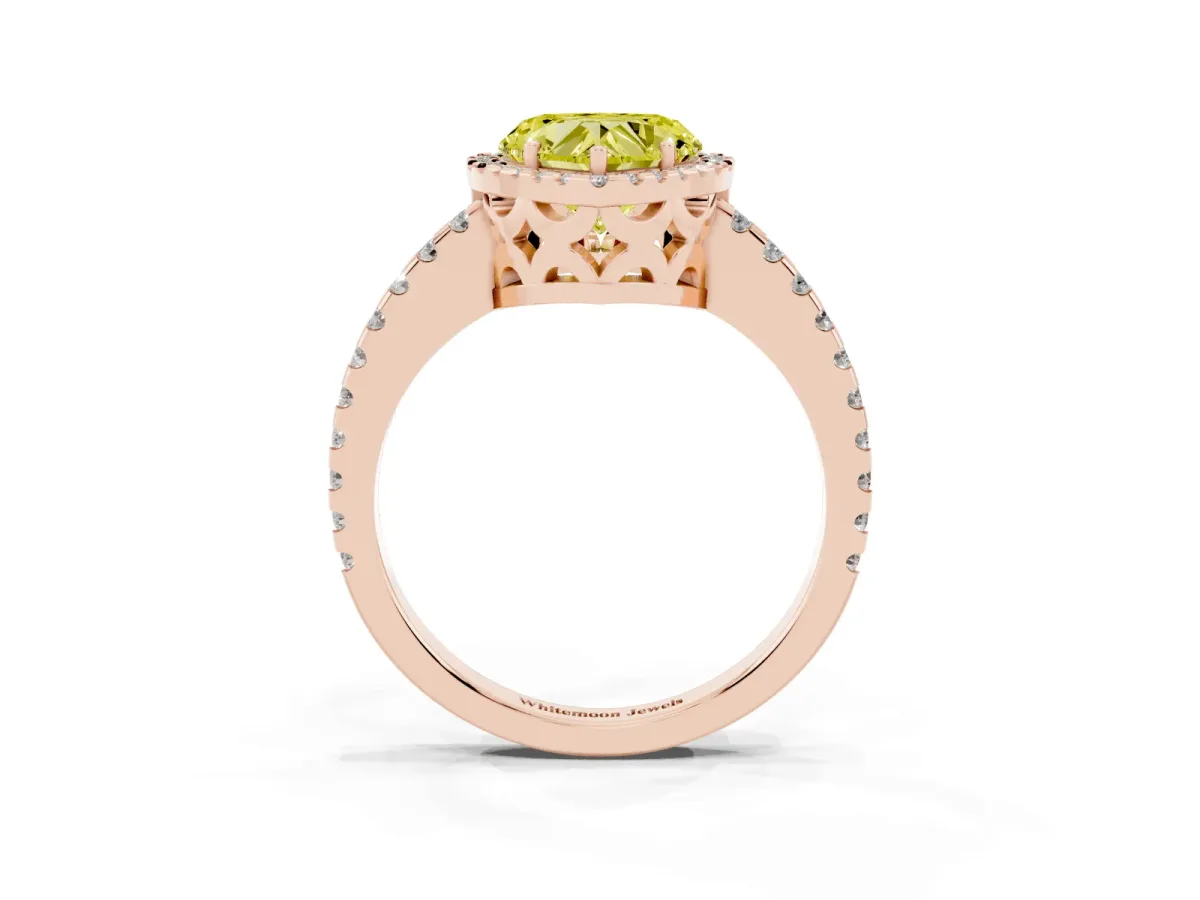 Fancy Yellow Heart Cut Diamond Halo Engagement Ring with Pavé Band and Prong Setting Rose gold