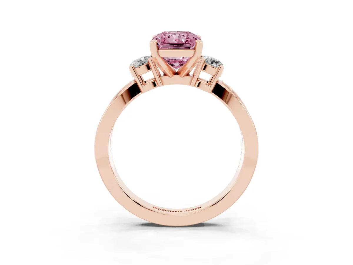 Fancy Pink Three-Stone Radiant Cut Cut Diamond Twist Band with Prong Setting Rose gold