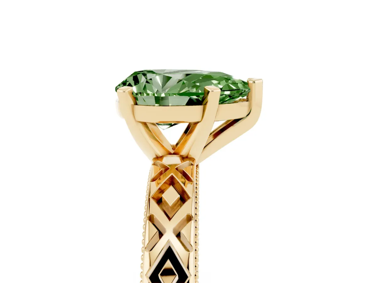Fancy Green Pear Cut Solitaire Diamond Ring with Milgrain and Black Enamel X Pattern Band Yellow gold