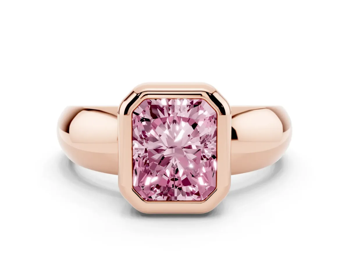 Fancy Pink Bezel Set Radiant Cut Solitaire Ring with Wide Band Rose gold