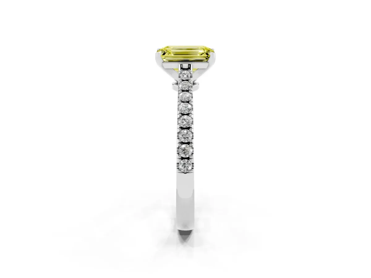 Fancy Yellow Emerald Cut Cut Solitaire Diamond Engagement Ring with Pave Band and Four-Prong Setting Platinum