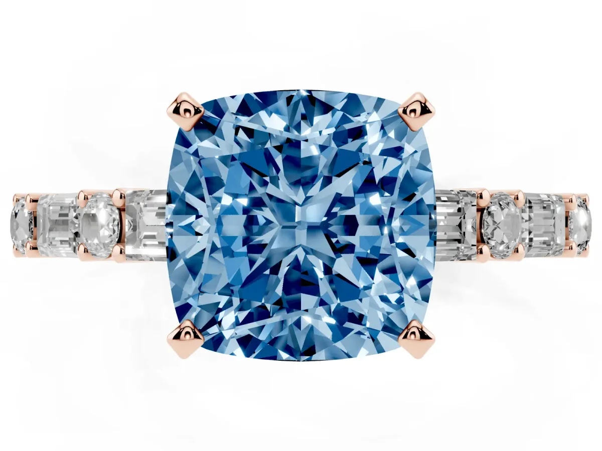 Fancy Blue Cushion Cut Diamond Solitaire with Side Baguettes and Channel Set Band Rose gold