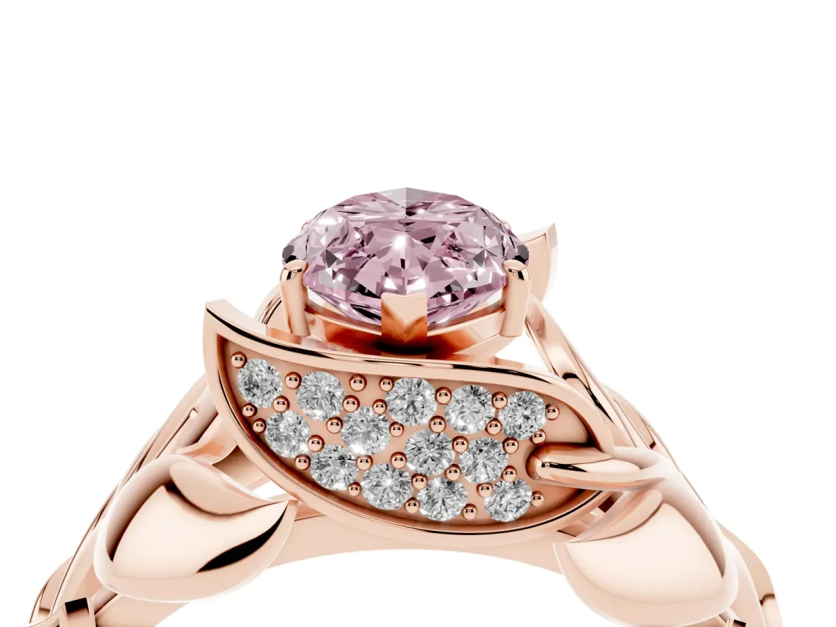 Fancy Pink Marquise Cut Diamond Leaf-Inspired Engagement Ring with Round Accents and Prong Setting Rose gold