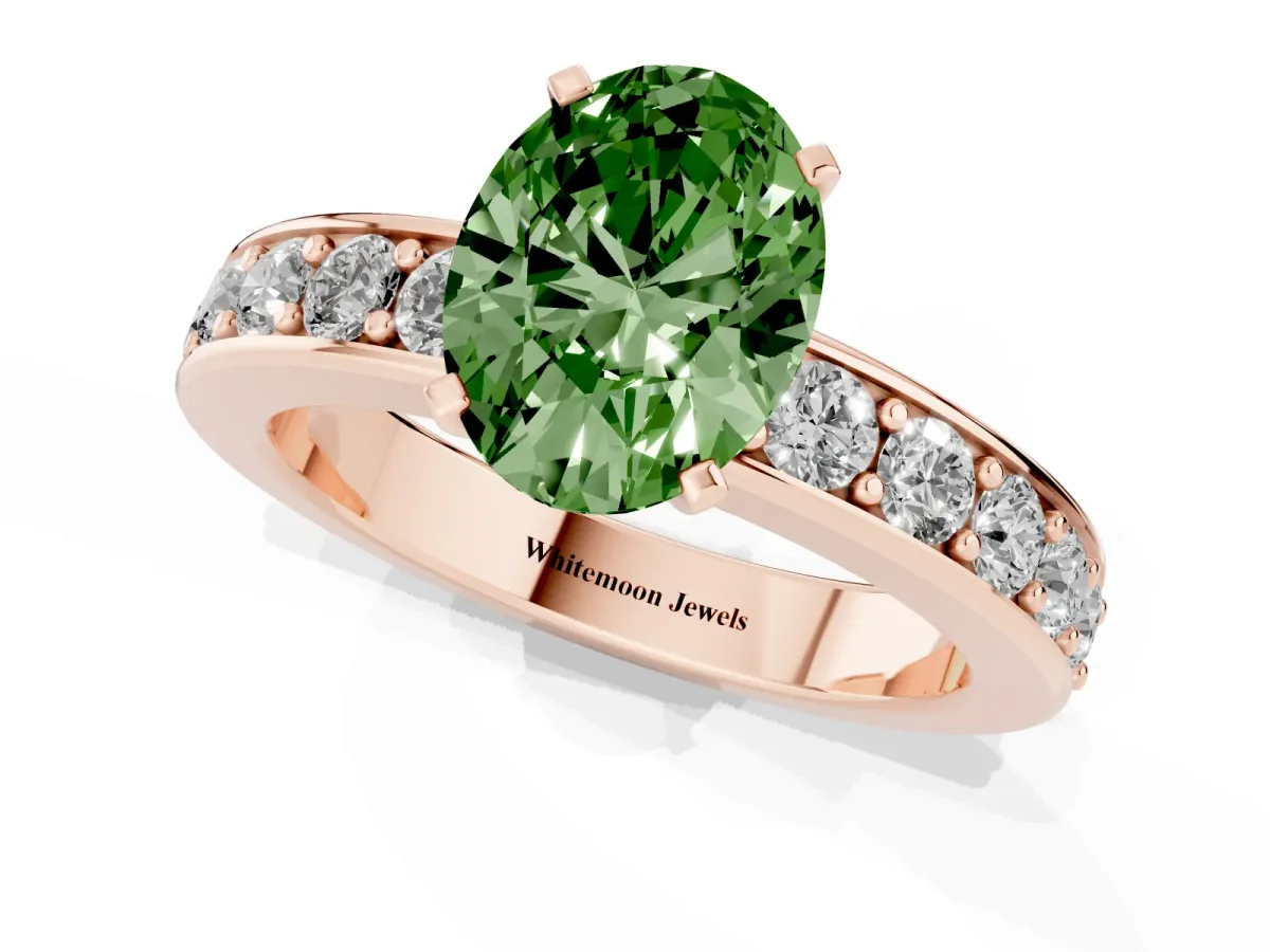 Fancy Green Oval Cut Diamond Engagement Ring with Channel Set Round Band and Prong Setting Rose gold