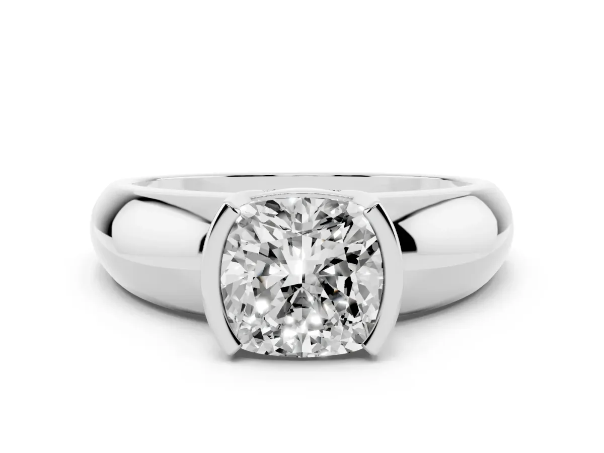 Cushion Cut Solitaire Tension Set Diamond Ring with Wide Band Platinum