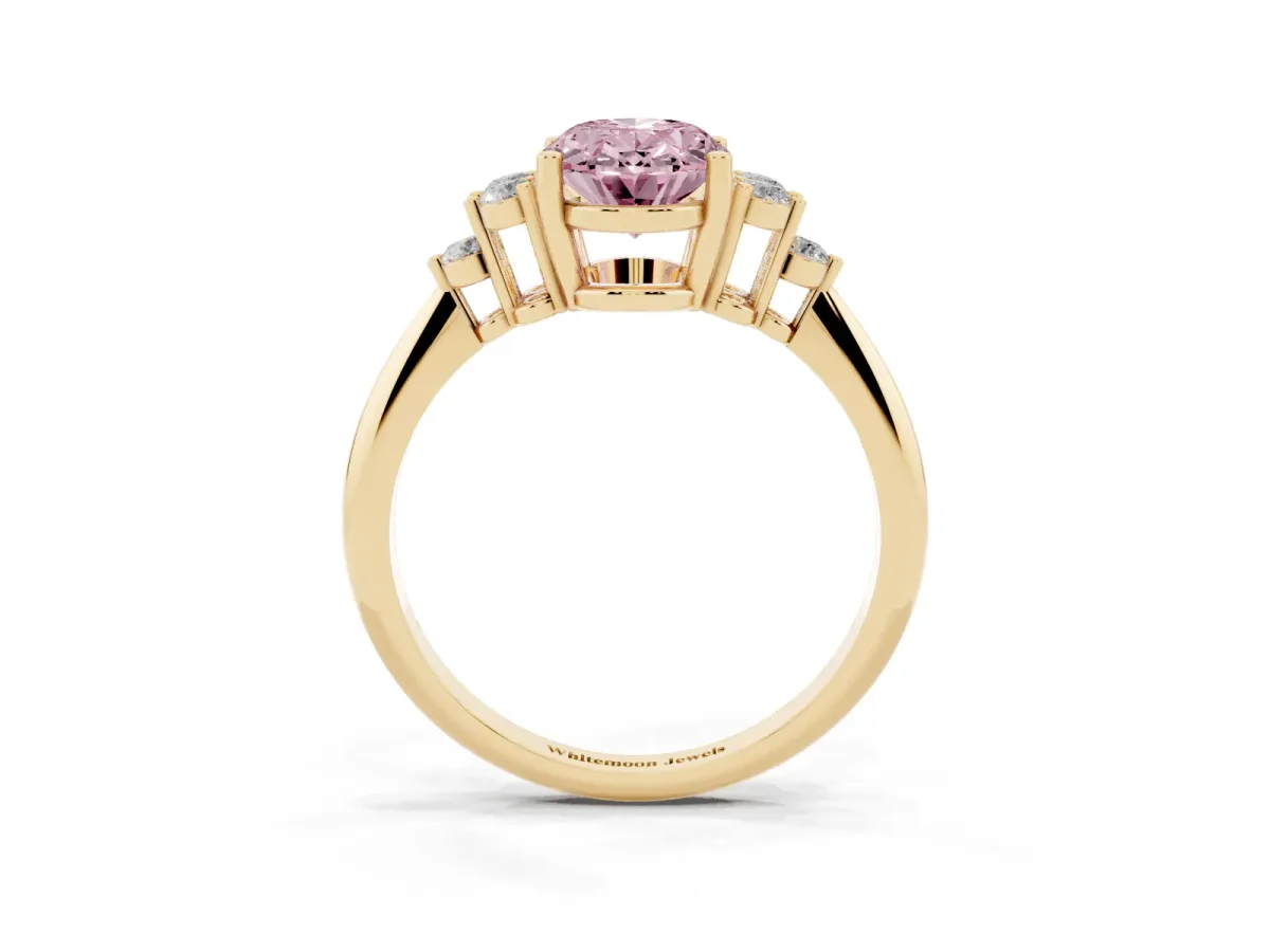 Fancy Pink Oval Cut Cut Diamond Cluster Ring with Solitaire Band and Four-Prong Setting Yellow gold