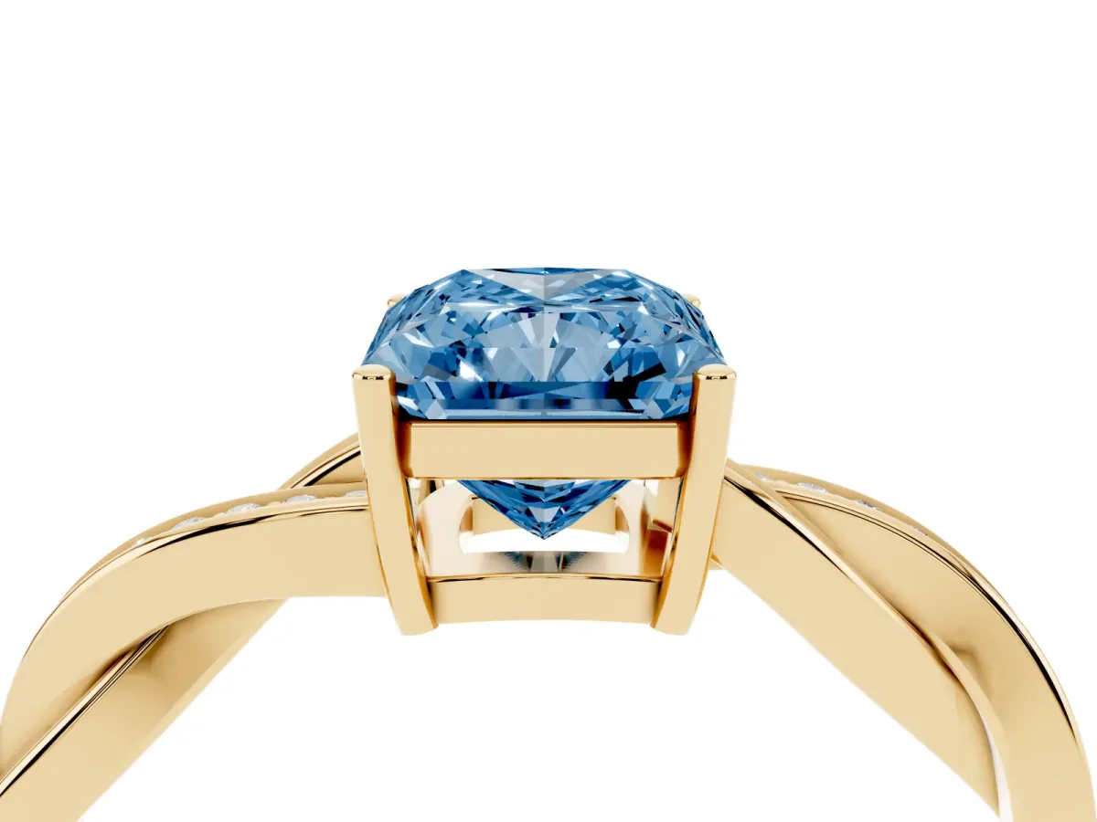 Fancy Blue Radiant Cut Solitaire Twisted Pave Diamond Ring with Four-Prong Setting Yellow gold