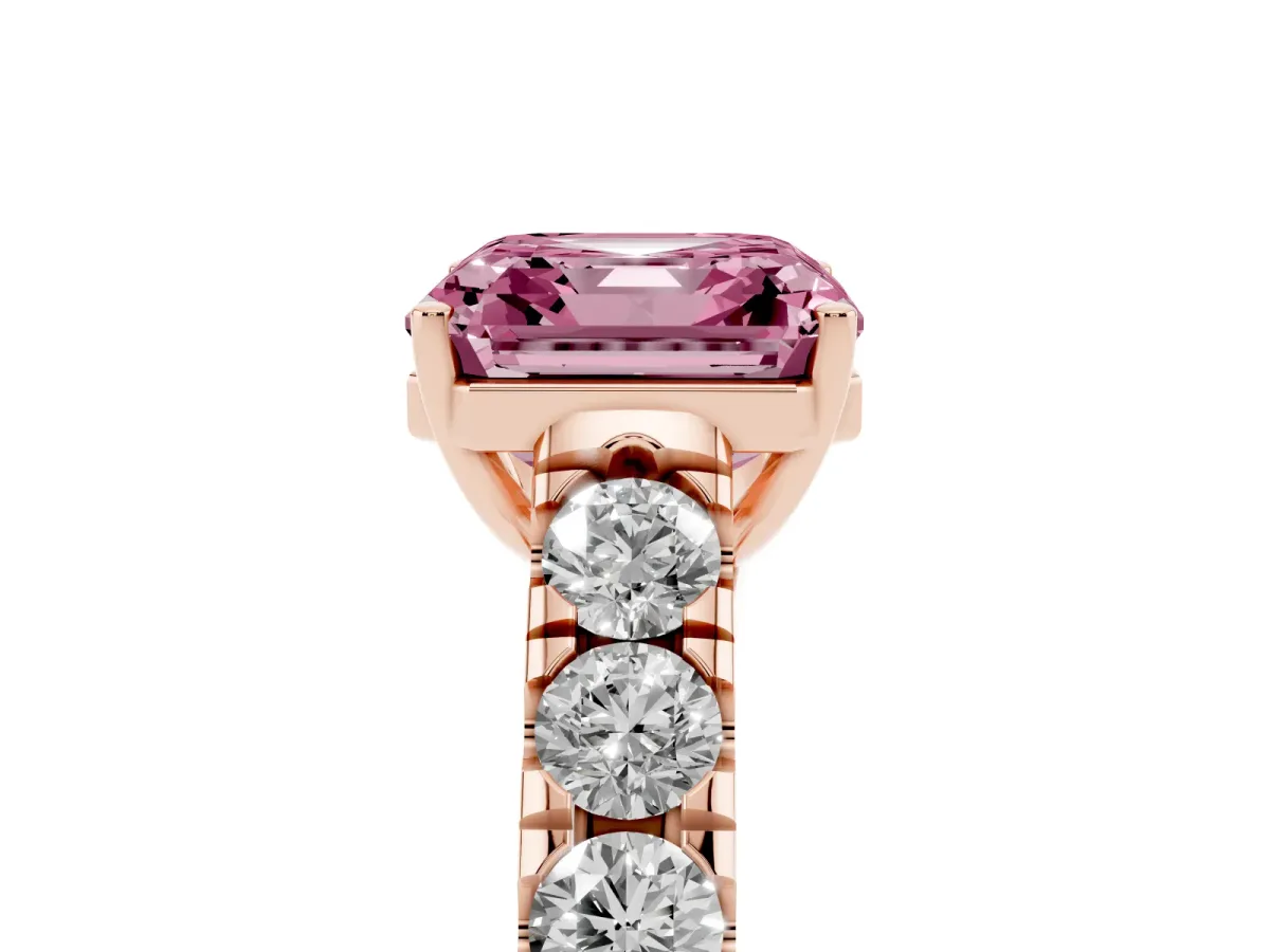 Fancy Pink Asscher Cut Cut Diamond Solitaire Ring with Micro Pave Band and Prong Setting Rose gold