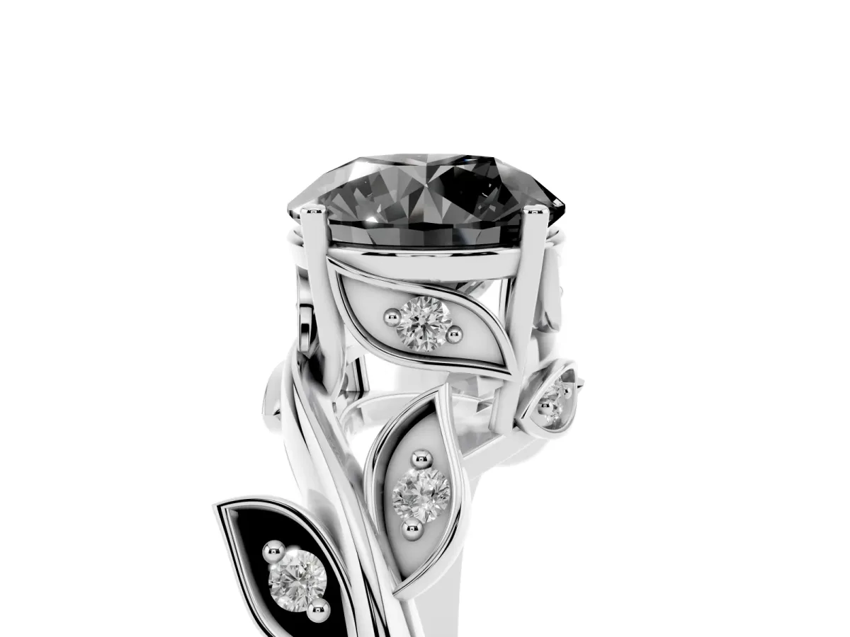 Fancy Black Round Cut Solitaire Twist Engagement Ring with Leaf Accents and Prong Setting Silver