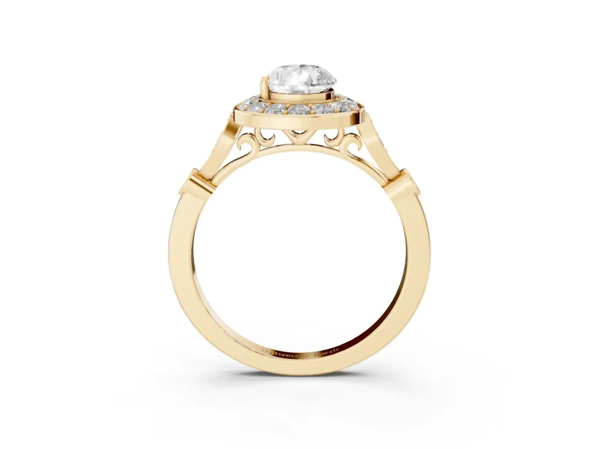 Pear Cut Halo Diamond Engagement Ring with Twisted Band and Four-Prong Setting Yellow gold