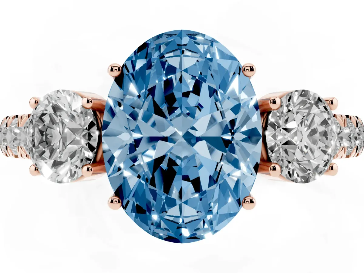 Fancy Blue Oval Cut Cut Diamond Three-Stone Ring with Round Side Stones and Pavé Band Rose gold