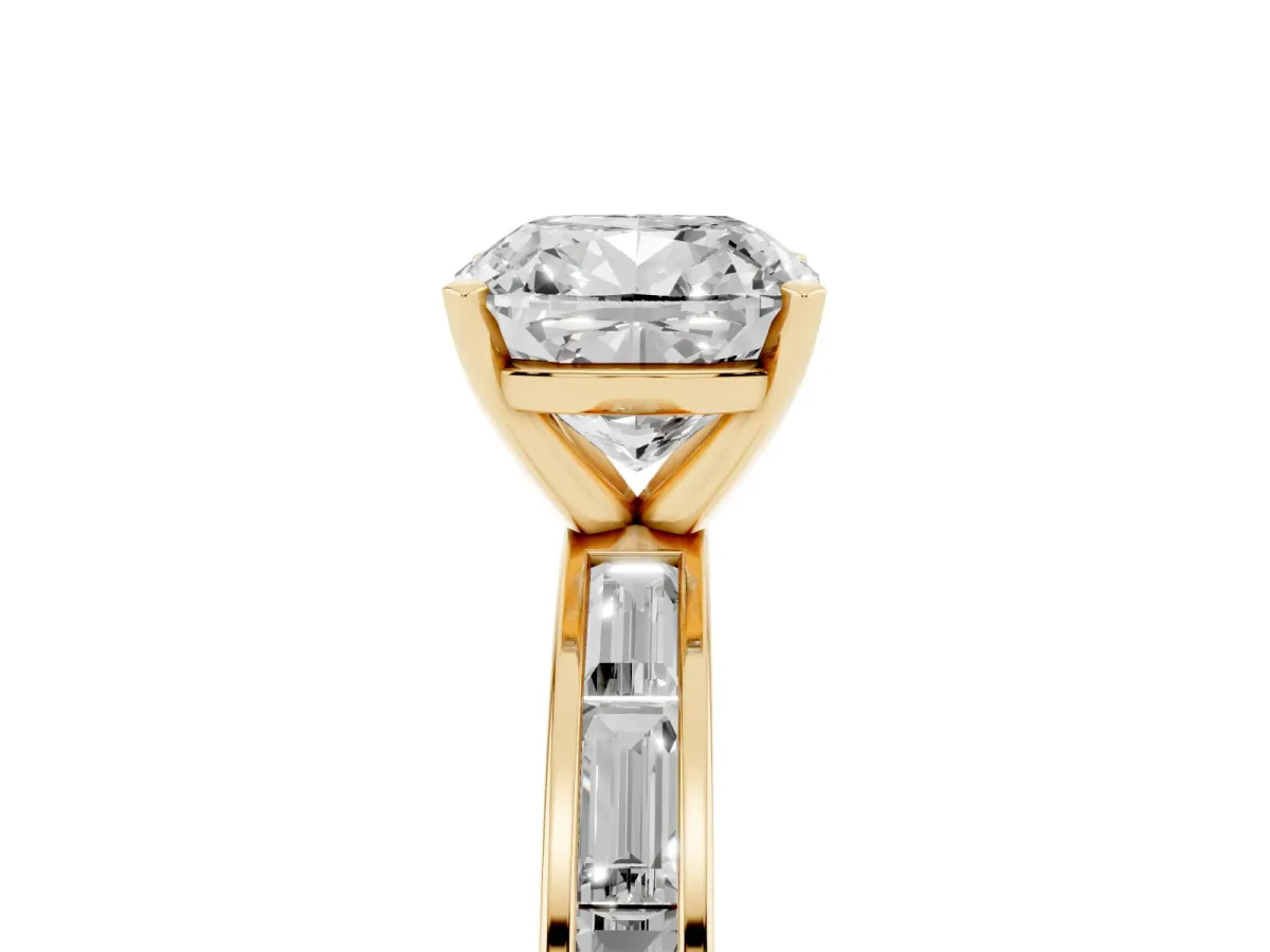 Cushion Cut Solitaire Diamond Ring with Channel-Set Baguette Band and Four-Prong Setting Yellow gold