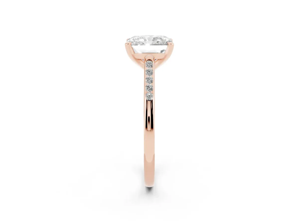 Radiant Cut Diamond Solitaire Ring with Channel Set Round Band and Prong Setting Rose gold