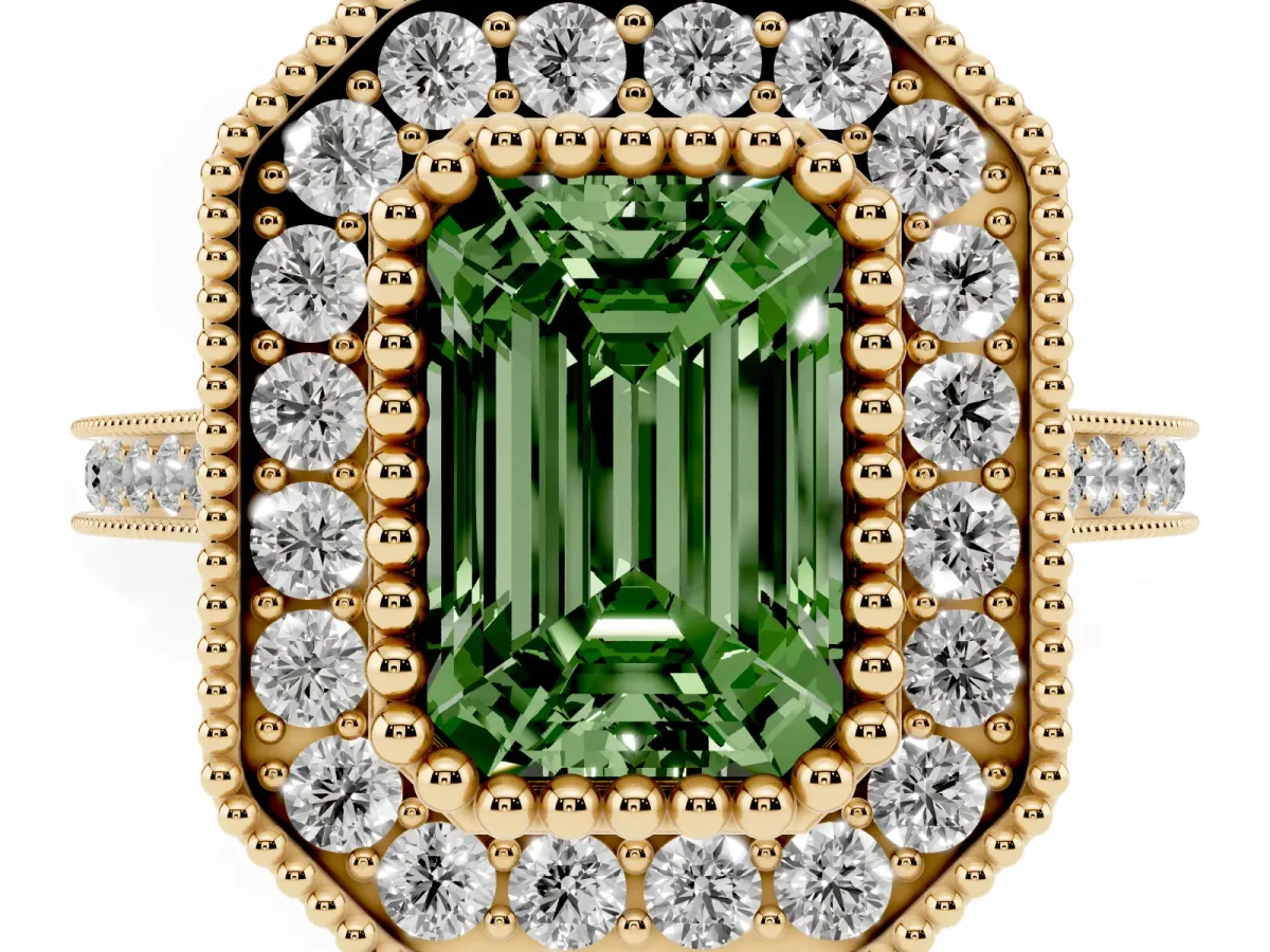 Fancy Green Emerald Cut Diamond Halo Ring with Milgrain Frame and Pavé Band Yellow gold