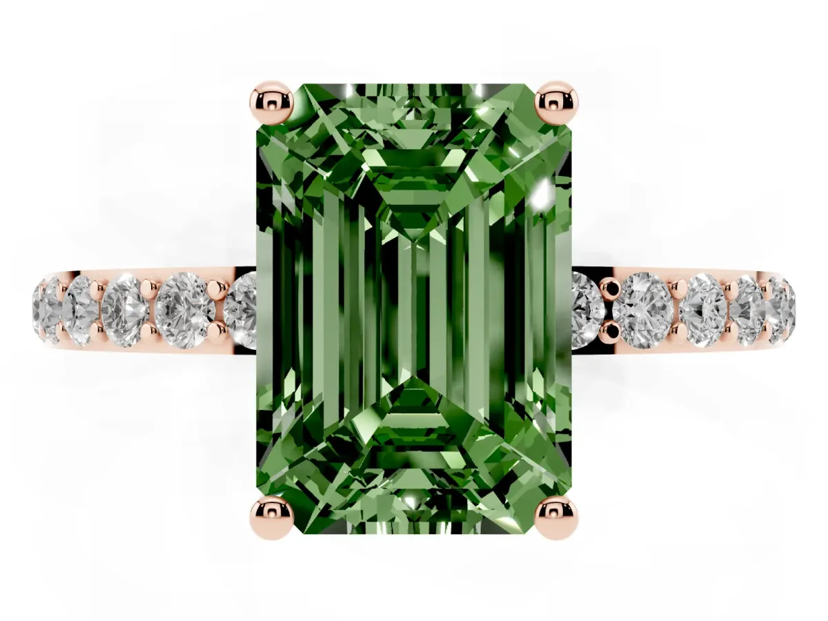 Fancy Green Emerald Cut Diamond Solitaire Ring with Round Pavé Shoulders and Prong Setting Rose gold