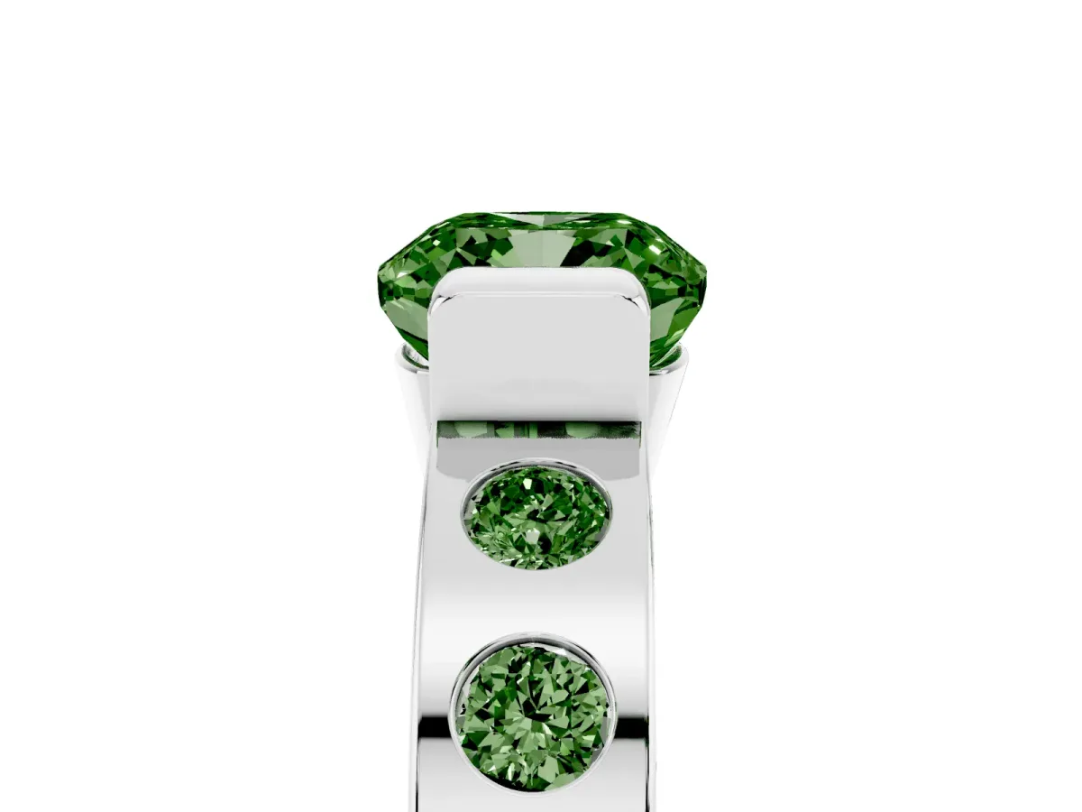 Fancy Green Cushion Cut Brilliant Channel-Set Diamond Ring with Bezel Prong Setting Silver
