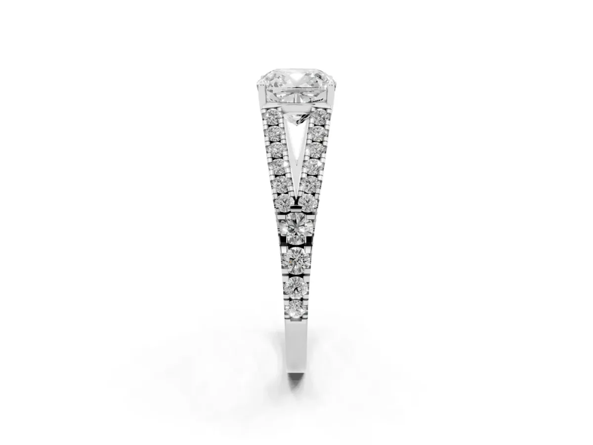 Cushion Cut Diamond Split Shank Pavé Engagement Ring with Four-Prong Setting Platinum