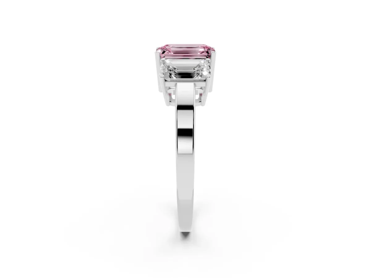 Fancy Pink Three-Stone Emerald Cut Cut Diamond Engagement Ring with Flat Band and Four-Prong Setting Silver
