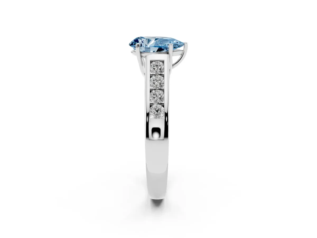 Fancy Blue Pear Cut Brilliant Channel-Set Solitaire Ring with Four-Prong Setting Silver