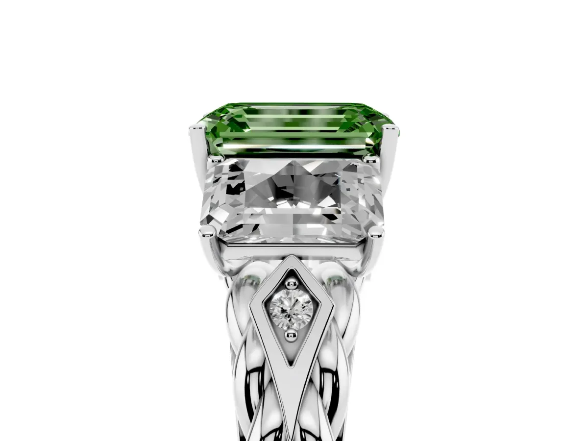 Fancy Green Three-Stone Emerald Cut Diamond Braided Band Ring with Four-Prong Setting Platinum