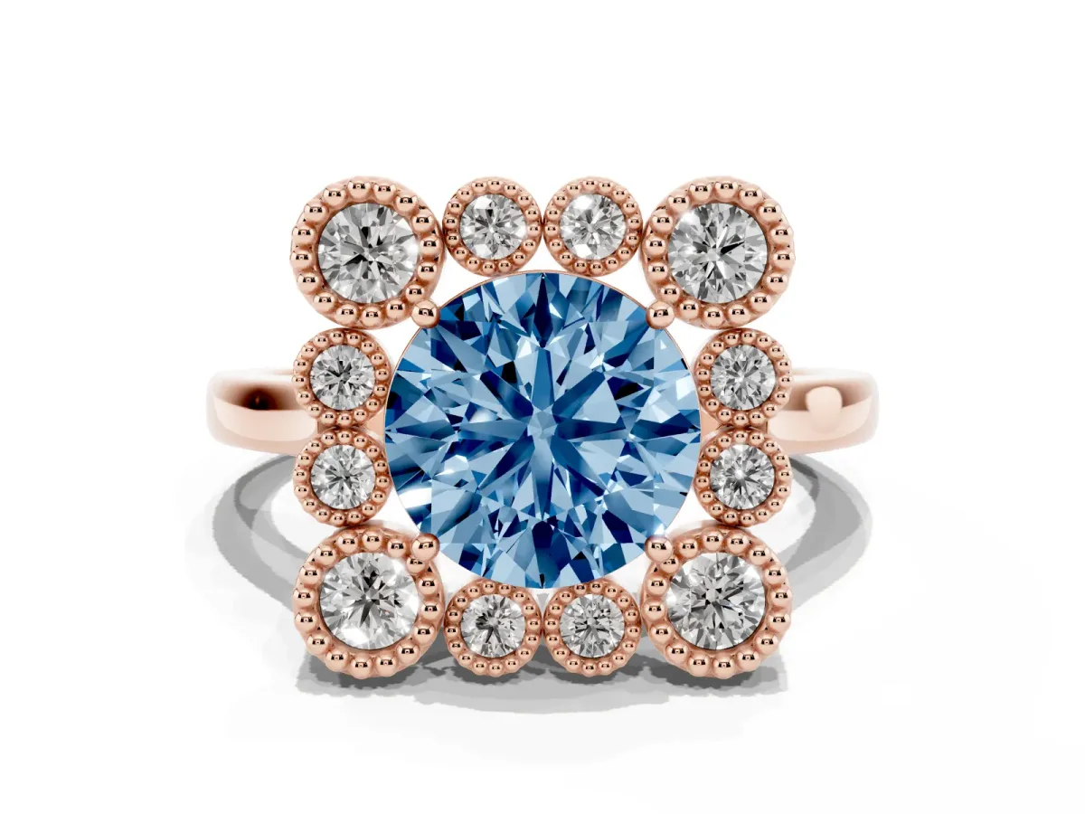 Fancy Blue Round Cut Halo Diamond Cluster Engagement Ring with Milgrain Bezel Setting and Solitaire Band Rose gold