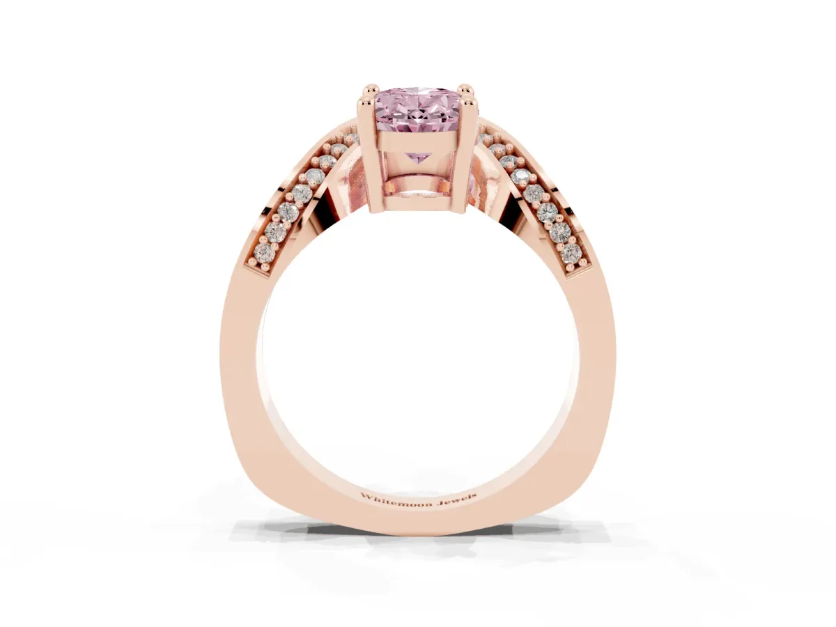 Fancy Pink Oval Cut Solitaire Diamond Engagement Ring with Pave Band and Four-Prong Setting Rose gold