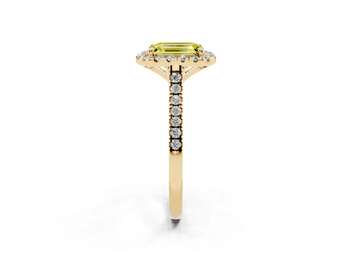Fancy Yellow Emerald Cut Diamond Cushion Halo Ring with Pavé Band Yellow gold
