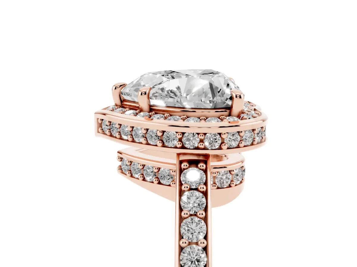 Heart Cut Halo Pave Band Solitaire Ring with Prong Setting Rose gold
