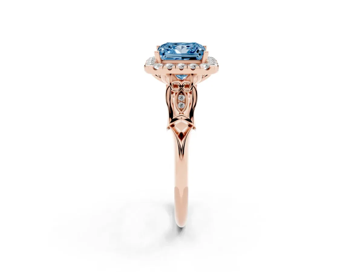Fancy Blue Princess Cut Halo Diamond Engagement Ring with Filigree Band and Four-Prong Setting Rose gold