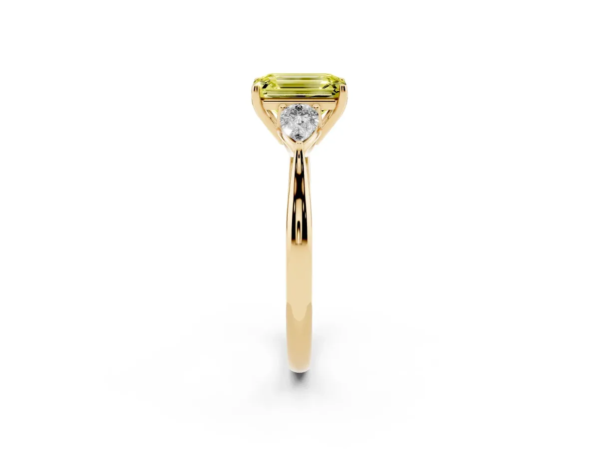 Fancy Yellow Emerald Cut Diamond Three-Stone Ring with Pear Side Stones and Prong Setting Yellow gold
