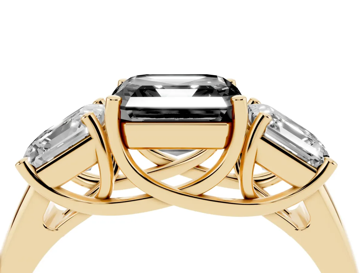 Fancy Black Three-Stone Asscher Cut Diamond Engagement Ring with Prong Setting Yellow gold