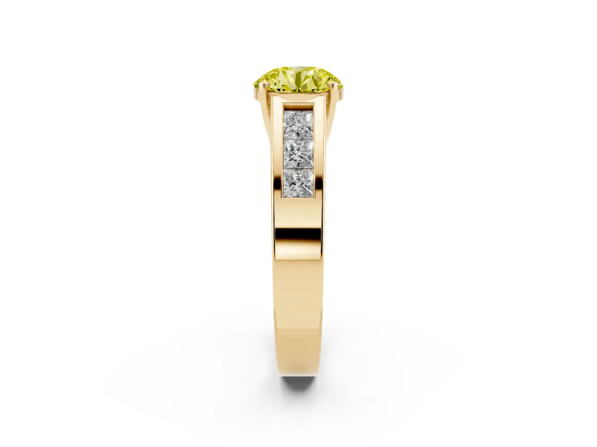 Fancy Yellow Round Cut Cut Channel Set Solitaire Ring with Four-Prong Setting Yellow gold