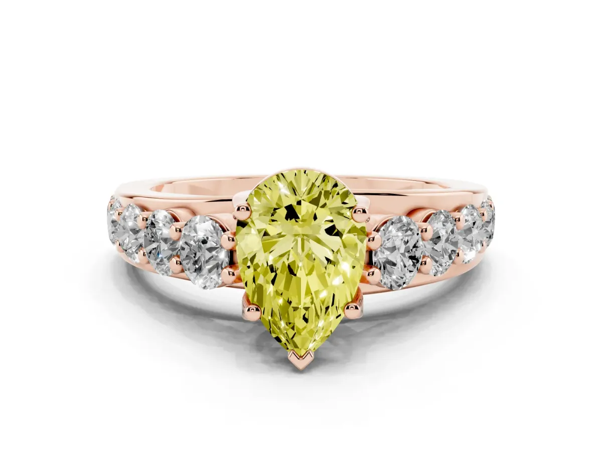 Fancy Yellow Pear Cut Diamond Engagement Ring with Pavé Band and Four-Prong Setting Rose gold