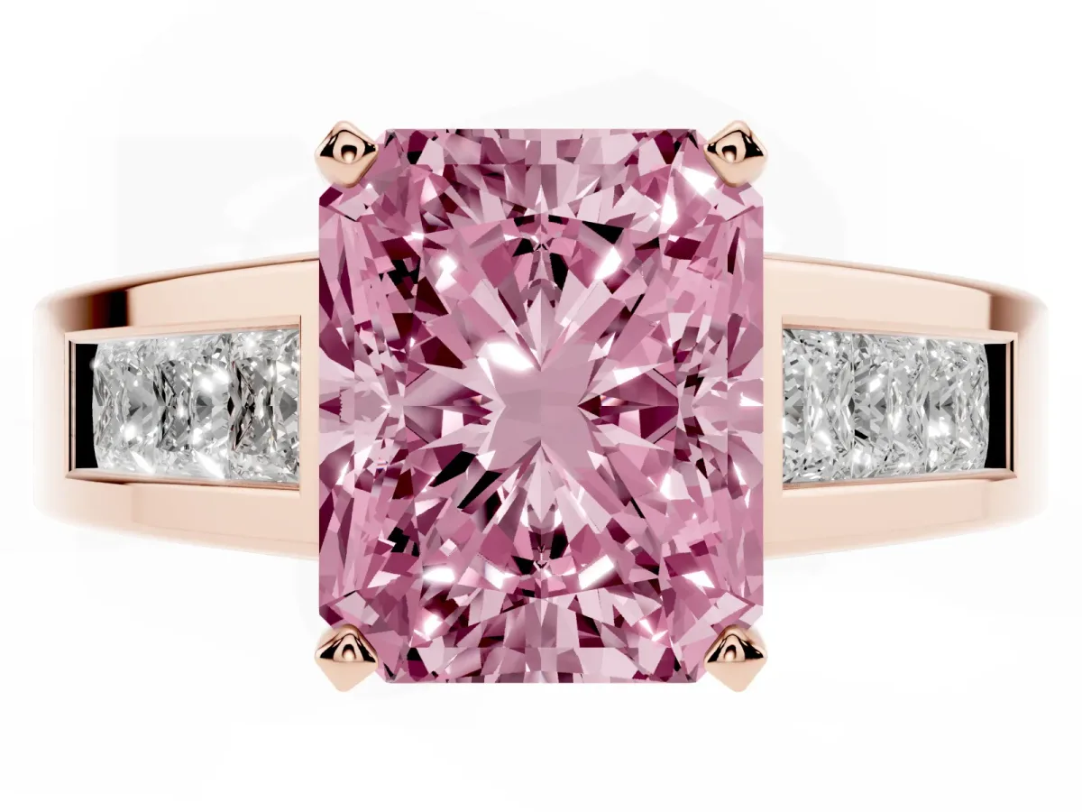 Fancy Pink Radiant Cut Cut Channel Set Solitaire Ring with Four-Prong Setting Rose gold