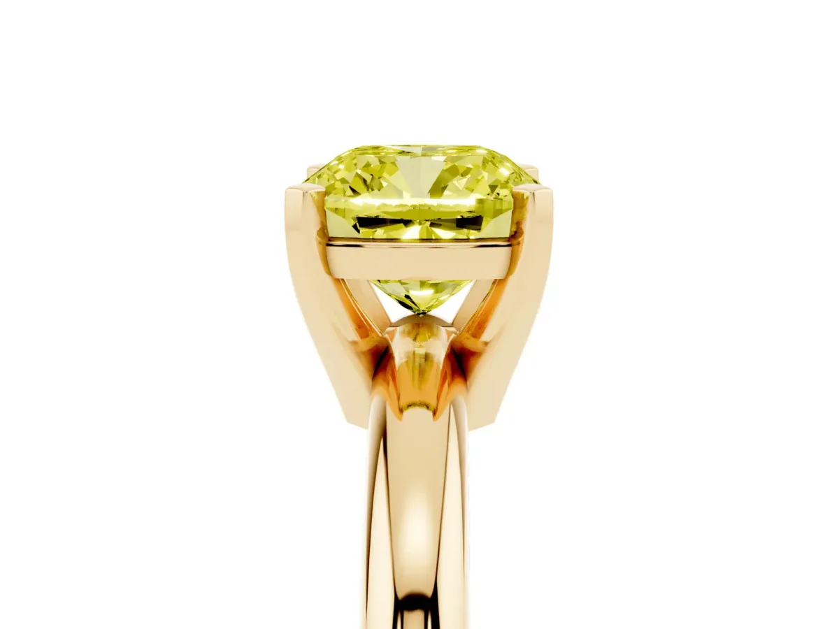Fancy Yellow Cushion Cut Diamond Solitaire Engagement Ring with Round Band and Four-Prong Setting Yellow gold
