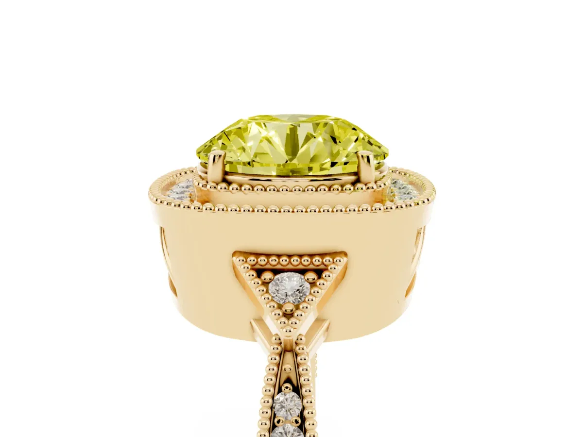 Fancy Yellow Round Cut Halo Round Diamond Milgrain Pave Engagement Ring Yellow gold
