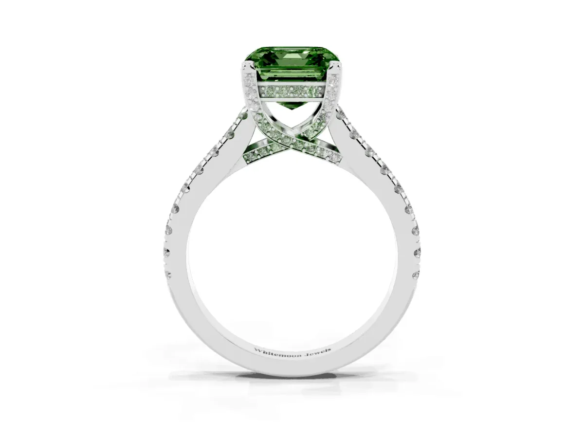 Fancy Green Asscher Cut Brilliant Diamond Solitaire with Pavé Band and Four-Prong Setting Silver