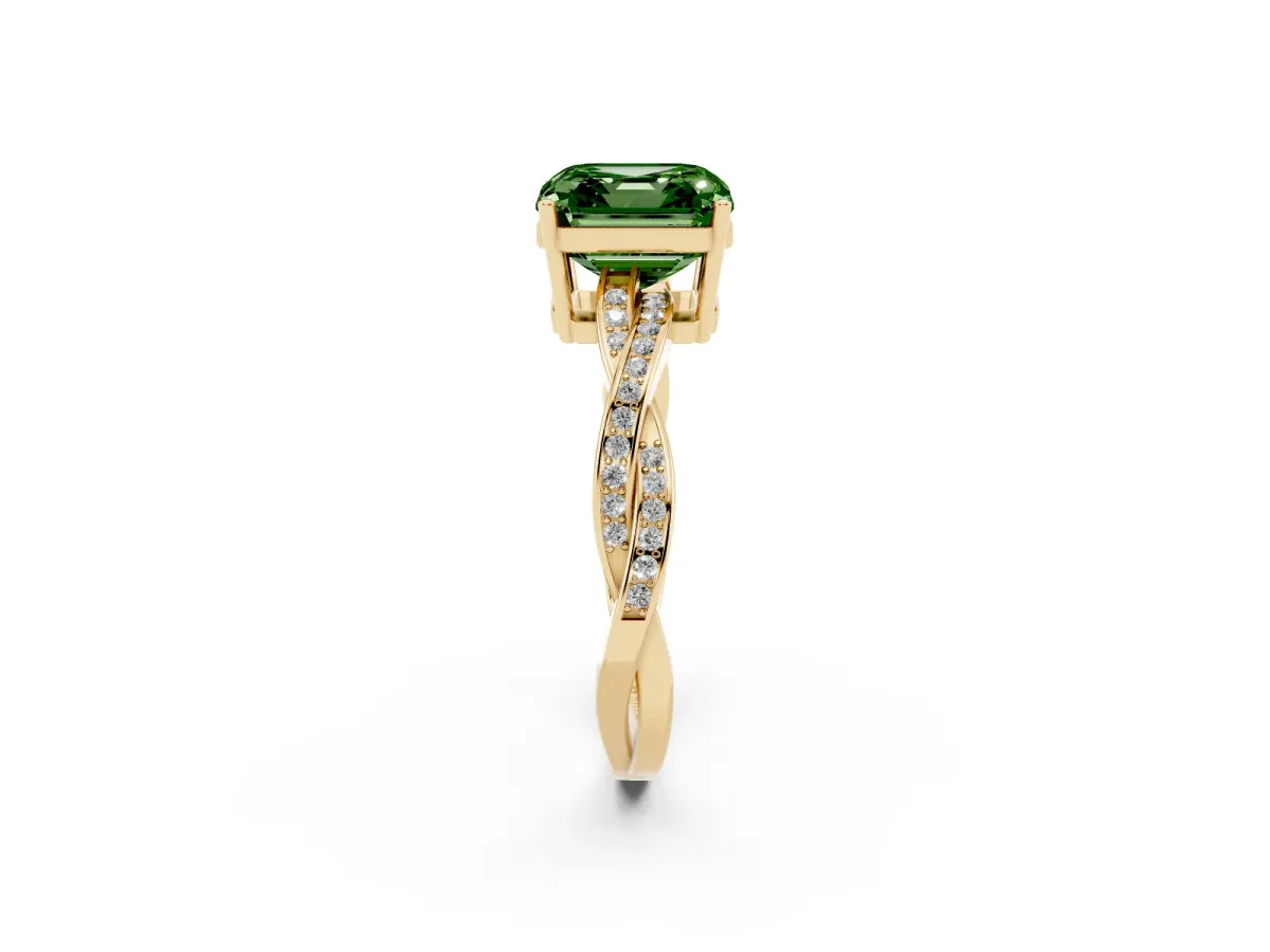 Fancy Green Asscher Cut Solitaire Twisted Pave Diamond Ring with Four-Prong Setting Yellow gold