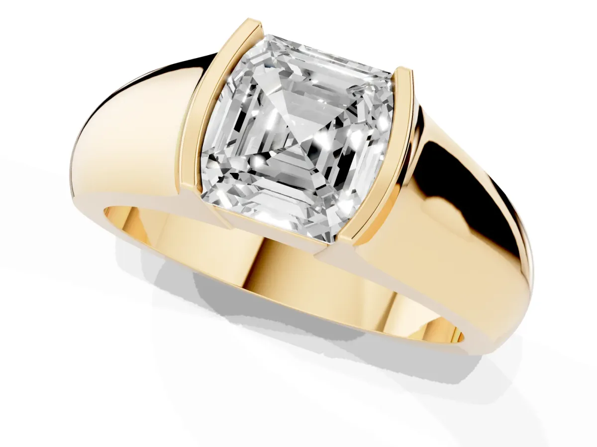 Asscher Cut Solitaire Bezel Set Diamond Ring with Wide Band Yellow gold